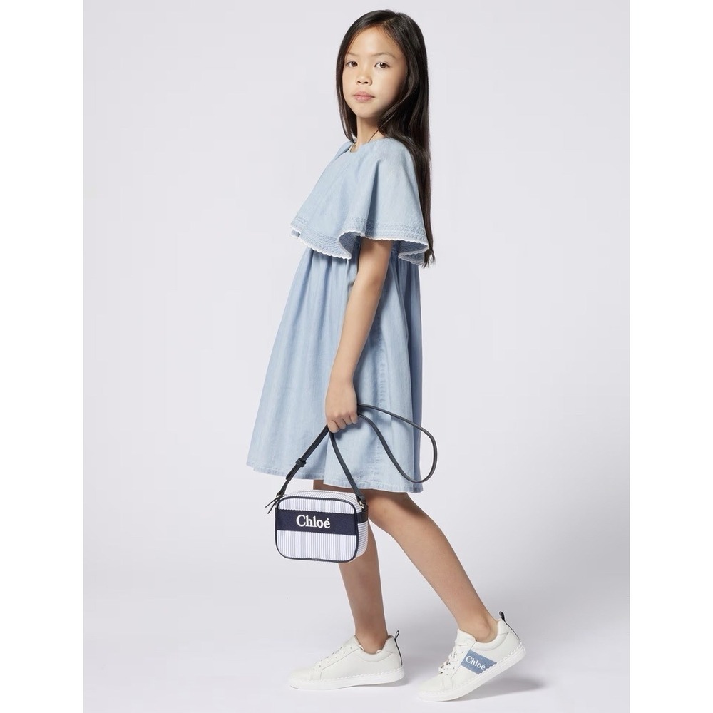 NEW! Chloé Paris Girls Chambray Dress Angel Sleeves Organic Cotton Blue SZ 8